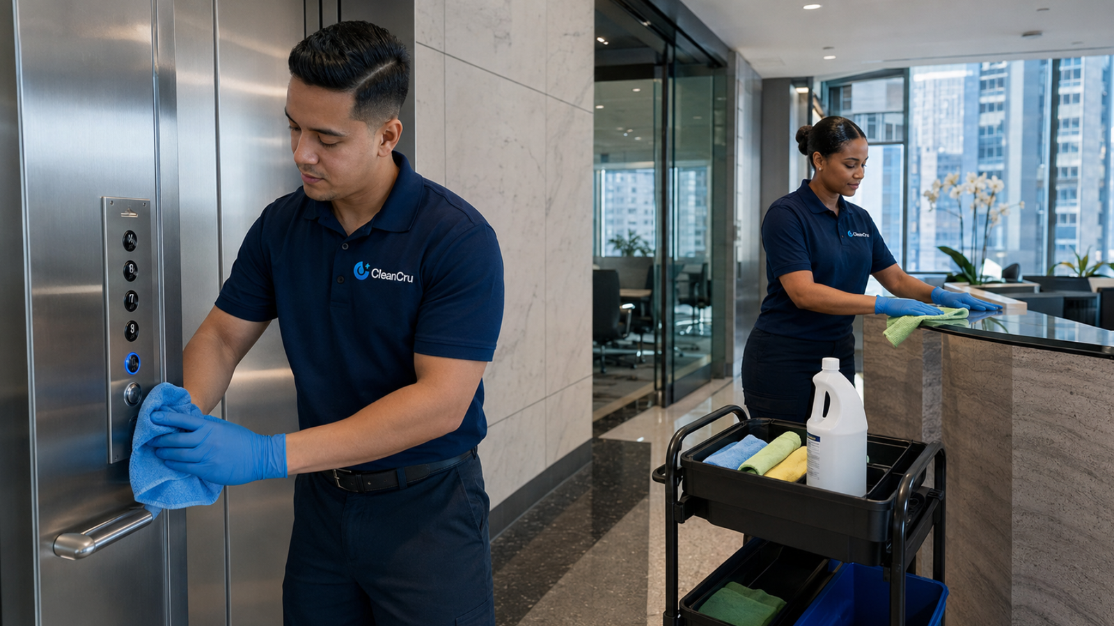CleanCru sanitizing an office lobby in Manhattan